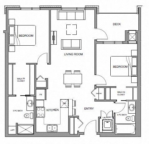 Floor plan for 2 beds, 2 baths, 975 sqft