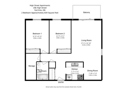 Floor plan for 2 beds, 1 bath, 834 sqft