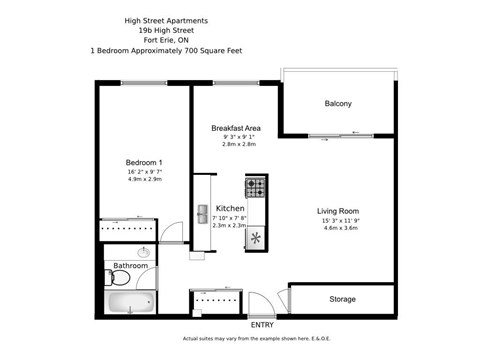 Floor plan for 1 bed, 1 bath, 607 sqft