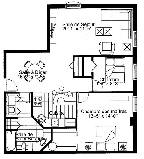 Floor plan for 2 beds, 1 bath, 946 sqft