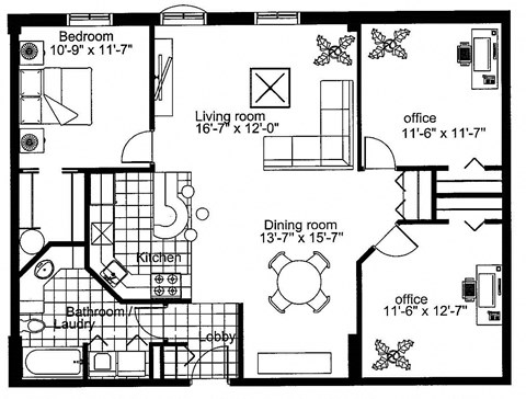 Floor plan for 1 bed, 1 bath, 1200 sqft