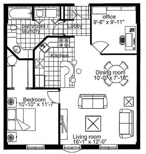Floor plan for 1 bed, 1 bath, 807 sqft