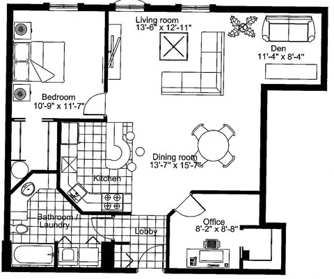 Floor plan for 1 bed, 1 bath