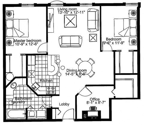 Floor plan for 2 beds, 1 bath