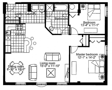 Floor plan for 2 beds, 1 bath, 1078 sqft