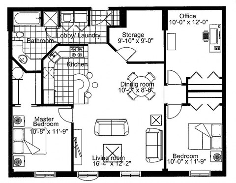 Floor plan for 2 beds, 1 bath, 1099 sqft