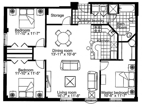 Floor plan for 3 beds, 1 bath, 1123 sqft
