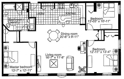 Floor plan for 3 beds, 1 bath