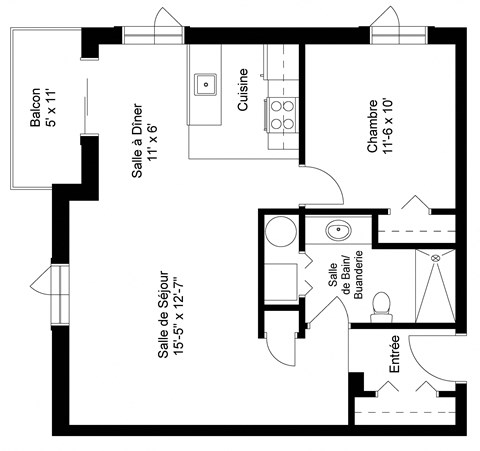 Floor plan for 1 bed, 1 bath, 698 sqft