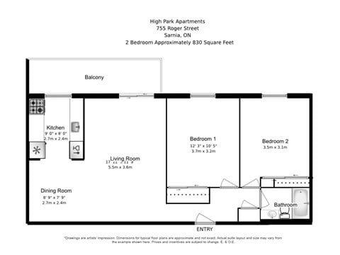 Floor plan for 2 beds, 1 bath, 830 sqft