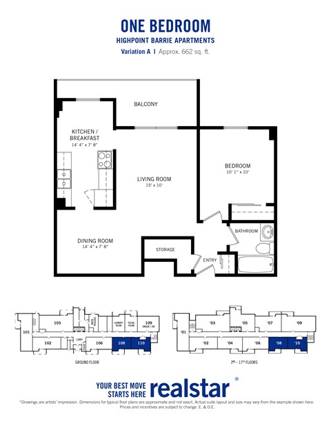 Floor plan for 1 bed, 1 bath, 662 sqft