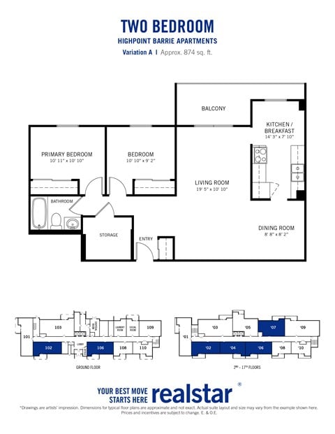 Floor plan for 2 beds, 1 bath, 874 sqft