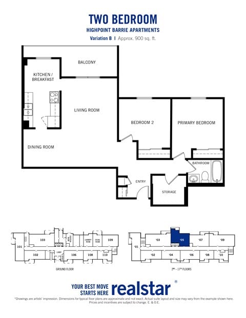 Floor plan for 2 beds, 1 bath, 900 sqft