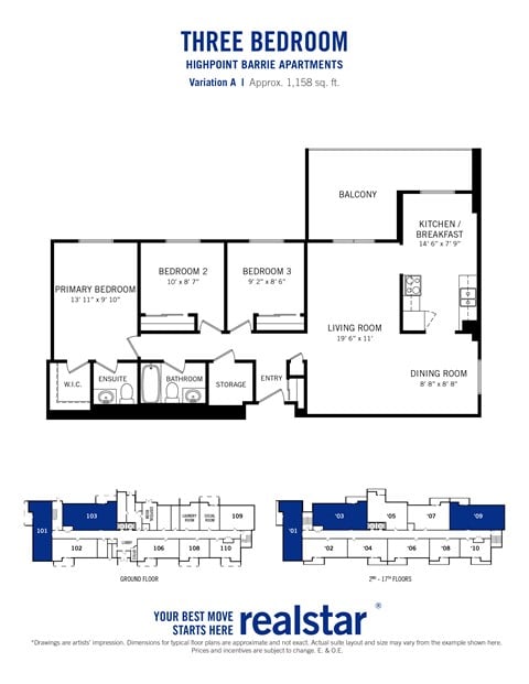 Floor plan for 3 beds, 1.5 baths, 1158 sqft