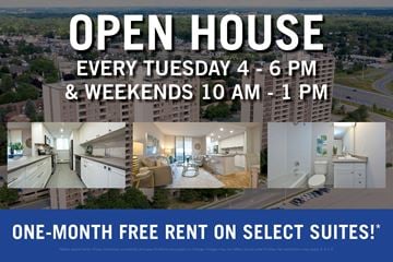 Kitchener apartment for rent - A promotional image for an open house event with a one-month free rent offer on select suites.