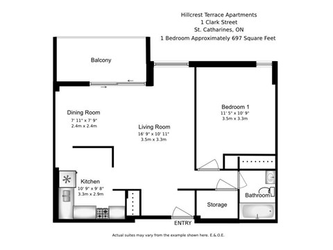 Floor plan for 1 bed, 1 bath, 697 sqft
