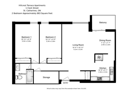Floor plan for 2 beds, 1 bath, 883 sqft