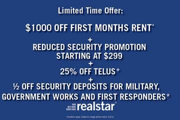 Edmonton apartment for rent - A promotional offer for a limited time includes $1000 off the first month's rent, reduced security promotion starting at $299, 25% off Telus, and half off security deposits for military,