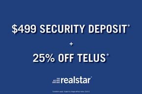 Nanaimo apartment for rent - A promotional image for a $499 security deposit and 25% off Telus.