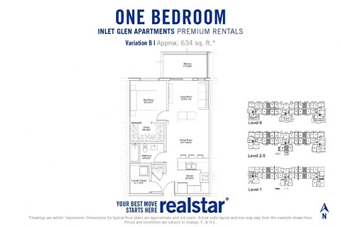 Floor plan for 1 bed, 1 bath, 634 sqft