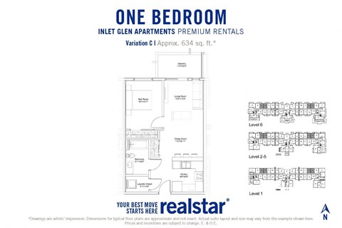 Floor plan for 1 bed, 1 bath, 634 sqft