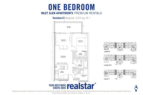 Floor plan for 1 bed, 1 bath, 619 sqft