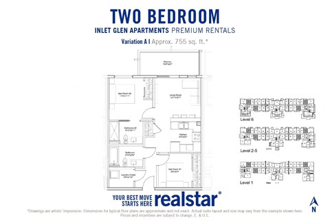 Floor plan for 2 beds, 2 baths, 755 sqft