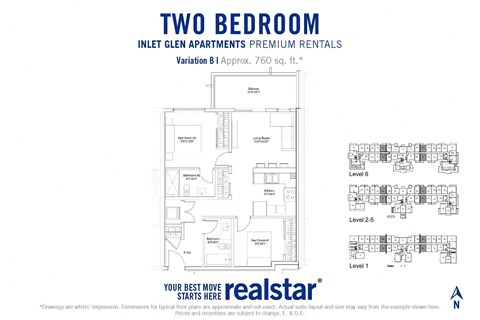 Floor plan for 2 beds, 2 baths, 760 sqft