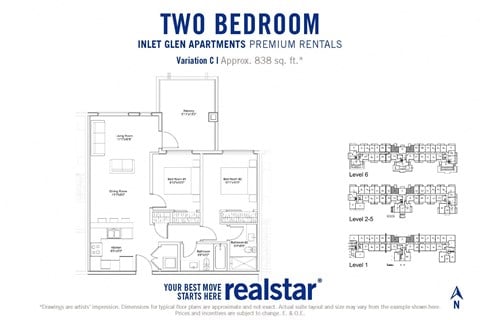 Floor plan for 2 beds, 2 baths, 838 sqft