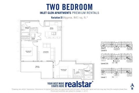 Floor plan for 2 beds, 2 baths, 841 sqft