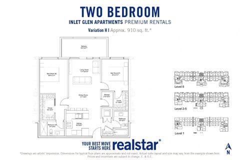 Floor plan for 2 beds, 2 baths, 910 sqft