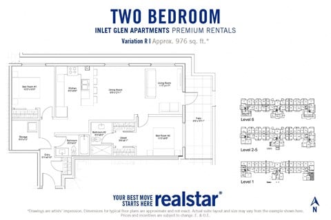 Floor plan for 2 beds, 2 baths, 976 sqft