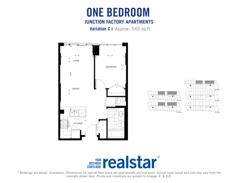 Floor plan for 1 bed, 1 bath, 546 sqft