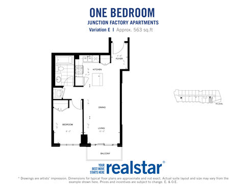 Floor plan for 1 bed, 1 bath, 563 sqft
