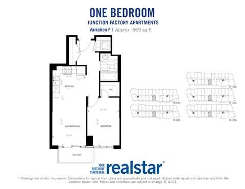 Floor plan for 1 bed, 1 bath, 569 sqft