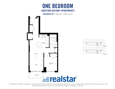Floor plan for 1 bed, 1 bath, 605 sqft