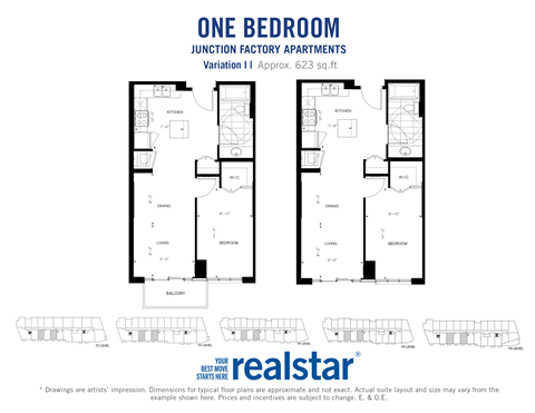 Floor plan for 1 bed, 1 bath, 623 sqft
