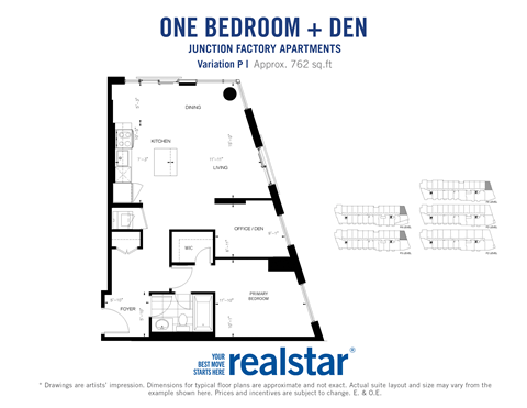 Floor plan for 1 bed, 1 bath, 762 sqft