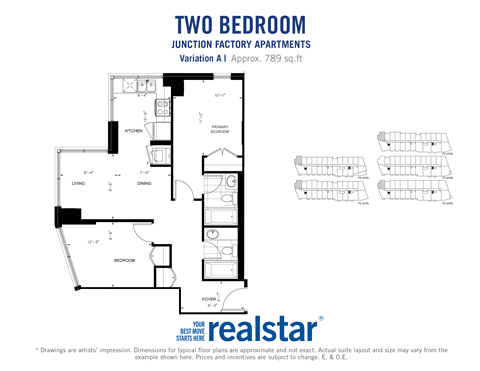 Floor plan for 2 beds, 2 baths, 789 sqft