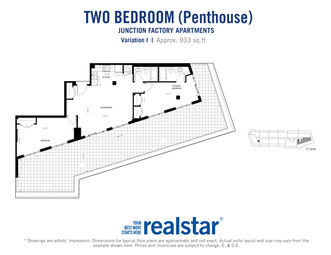 Floor plan for 2 beds, 2 baths, 933 sqft