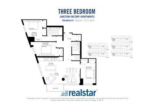 Floor plan for 3 beds, 2 baths, 1111 sqft
