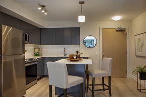 Toronto apartment for rent - a kitchen and dining area with a stainless steel appliances at Junction Factory Apartments in Toronto ON