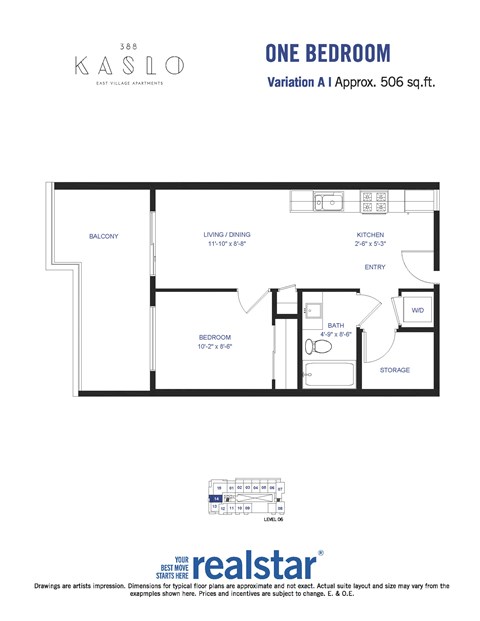 Floor plan for 1 bed, 1 bath, 543 sqft