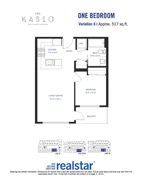 Floor plan for 1 bed, 1 bath, 517 sqft