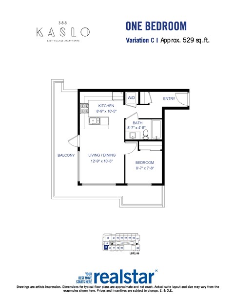 Floor plan for 1 bed, 1 bath, 529 sqft
