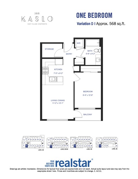 Floor plan for 1 bed, 1 bath, 592 sqft