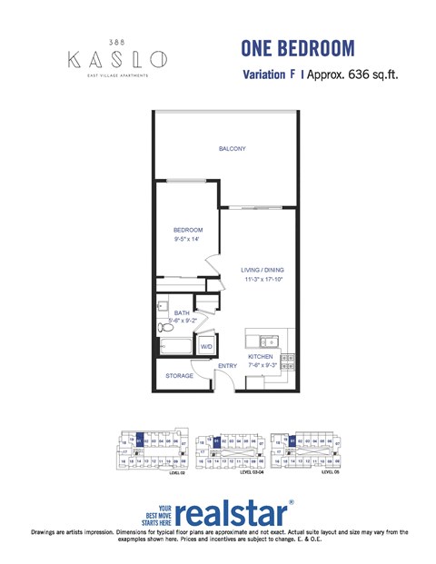 Floor plan for 1 bed, 1 bath, 636 sqft