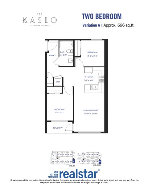 Floor plan for 2 beds, 1 bath, 661 sqft
