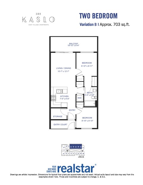 Floor plan for 2 beds, 1 bath, 703 sqft