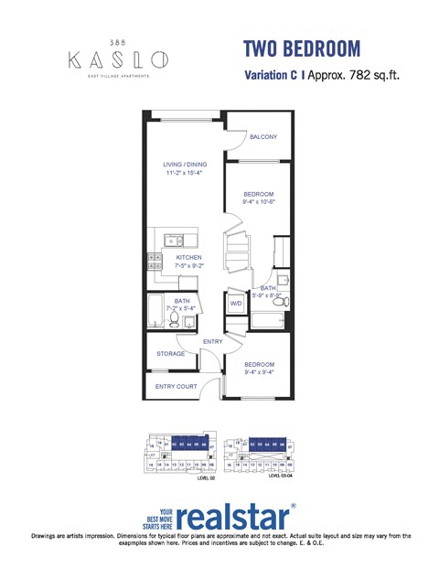 Floor plan for 2 beds, 2 baths, 782 sqft
